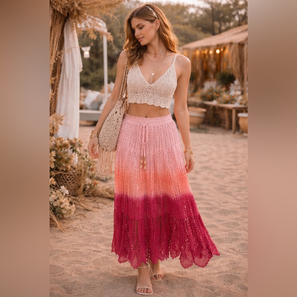 Women’s large colorful Cotton Crochet long Skirt‎ boho hippie festive fairycore